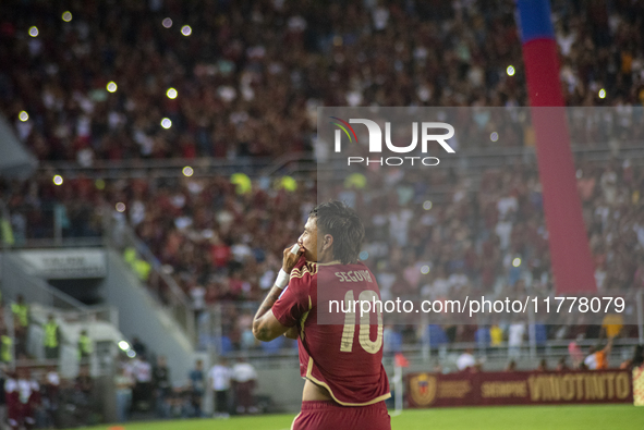 Venezuelan national team players celebrate after scoring a goal during the 2026 FIFA World Cup qualifier against Brazil at the Monumental st...