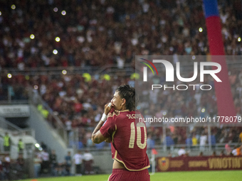 Venezuelan national team players celebrate after scoring a goal during the 2026 FIFA World Cup qualifier against Brazil at the Monumental st...