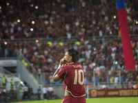 Venezuelan national team players celebrate after scoring a goal during the 2026 FIFA World Cup qualifier against Brazil at the Monumental st...