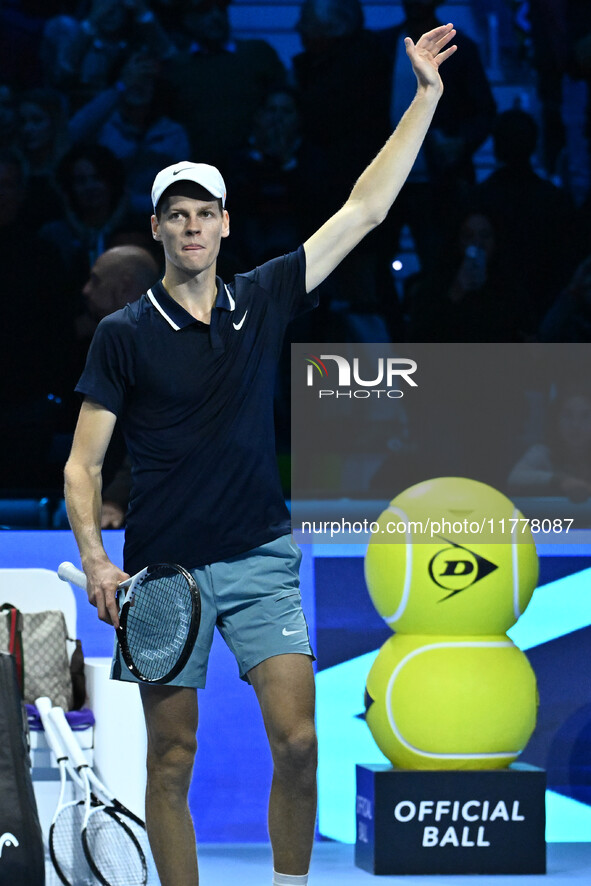 Jannik Sinner (ITA) competes against Daniil Medvedev (RUS) during day five of the Nitto ATP Finals 2024 at Inalpi Arena in Turin, Italy, on...