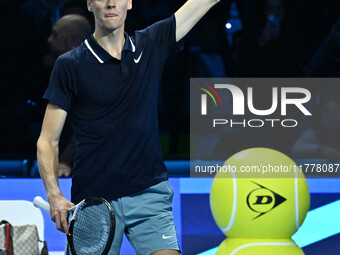 Jannik Sinner (ITA) competes against Daniil Medvedev (RUS) during day five of the Nitto ATP Finals 2024 at Inalpi Arena in Turin, Italy, on...