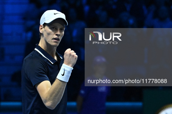 Jannik Sinner (ITA) competes against Daniil Medvedev (RUS) during day five of the Nitto ATP Finals 2024 at Inalpi Arena in Turin, Italy, on...