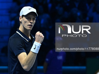 Jannik Sinner (ITA) competes against Daniil Medvedev (RUS) during day five of the Nitto ATP Finals 2024 at Inalpi Arena in Turin, Italy, on...