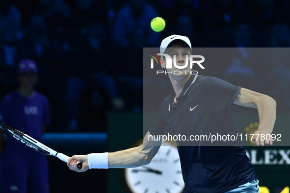 Jannik Sinner (ITA) competes against Daniil Medvedev (RUS) during day five of the Nitto ATP Finals 2024 at Inalpi Arena in Turin, Italy, on...