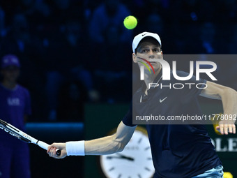 Jannik Sinner (ITA) competes against Daniil Medvedev (RUS) during day five of the Nitto ATP Finals 2024 at Inalpi Arena in Turin, Italy, on...