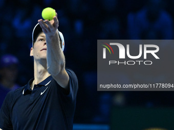 Jannik Sinner (ITA) competes against Daniil Medvedev (RUS) during day five of the Nitto ATP Finals 2024 at Inalpi Arena in Turin, Italy, on...