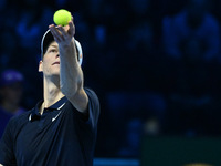 Jannik Sinner (ITA) competes against Daniil Medvedev (RUS) during day five of the Nitto ATP Finals 2024 at Inalpi Arena in Turin, Italy, on...