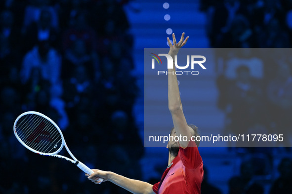 Daniil Medvedev (RUS) competes against Jannik Sinner (ITA) during day five of the Nitto ATP Finals 2024 at Inalpi Arena in Turin, Italy, on...