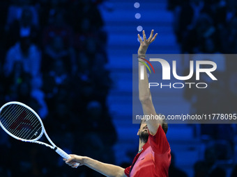 Daniil Medvedev (RUS) competes against Jannik Sinner (ITA) during day five of the Nitto ATP Finals 2024 at Inalpi Arena in Turin, Italy, on...