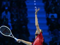 Daniil Medvedev (RUS) competes against Jannik Sinner (ITA) during day five of the Nitto ATP Finals 2024 at Inalpi Arena in Turin, Italy, on...