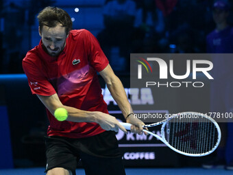 Daniil Medvedev (RUS) competes against Jannik Sinner (ITA) during day five of the Nitto ATP Finals 2024 at Inalpi Arena in Turin, Italy, on...