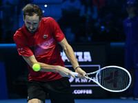 Daniil Medvedev (RUS) competes against Jannik Sinner (ITA) during day five of the Nitto ATP Finals 2024 at Inalpi Arena in Turin, Italy, on...