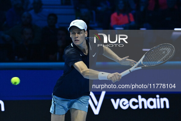 Jannik Sinner (ITA) competes against Daniil Medvedev (RUS) during day five of the Nitto ATP Finals 2024 at Inalpi Arena in Turin, Italy, on...