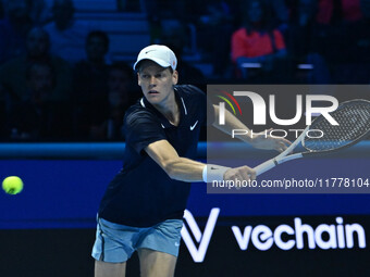 Jannik Sinner (ITA) competes against Daniil Medvedev (RUS) during day five of the Nitto ATP Finals 2024 at Inalpi Arena in Turin, Italy, on...