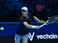 Jannik Sinner (ITA) competes against Daniil Medvedev (RUS) during day five of the Nitto ATP Finals 2024 at Inalpi Arena in Turin, Italy, on...