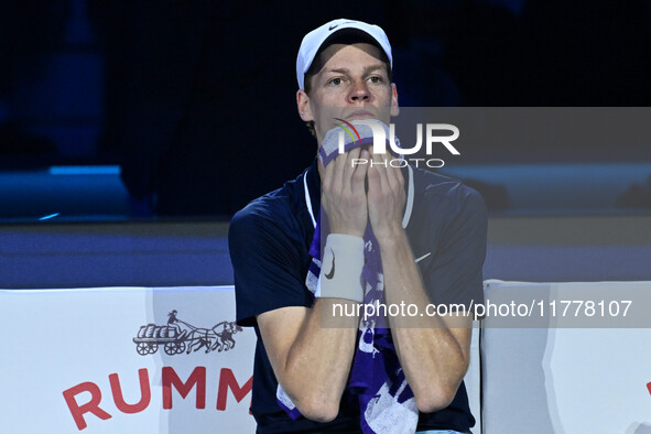 Jannik Sinner (ITA) competes against Daniil Medvedev (RUS) during day five of the Nitto ATP Finals 2024 at Inalpi Arena in Turin, Italy, on...