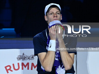 Jannik Sinner (ITA) competes against Daniil Medvedev (RUS) during day five of the Nitto ATP Finals 2024 at Inalpi Arena in Turin, Italy, on...