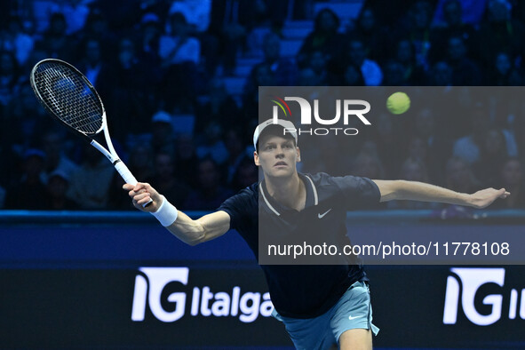 Jannik Sinner (ITA) competes against Daniil Medvedev (RUS) during day five of the Nitto ATP Finals 2024 at Inalpi Arena in Turin, Italy, on...