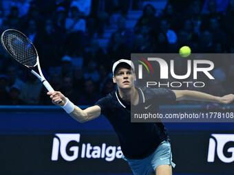 Jannik Sinner (ITA) competes against Daniil Medvedev (RUS) during day five of the Nitto ATP Finals 2024 at Inalpi Arena in Turin, Italy, on...