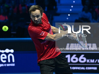 Daniil Medvedev (RUS) competes against Jannik Sinner (ITA) during day five of the Nitto ATP Finals 2024 at Inalpi Arena in Turin, Italy, on...