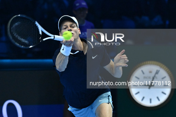 Jannik Sinner (ITA) competes against Daniil Medvedev (RUS) during day five of the Nitto ATP Finals 2024 at Inalpi Arena in Turin, Italy, on...