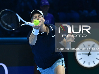 Jannik Sinner (ITA) competes against Daniil Medvedev (RUS) during day five of the Nitto ATP Finals 2024 at Inalpi Arena in Turin, Italy, on...