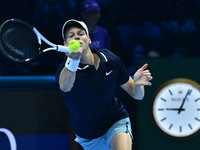 Jannik Sinner (ITA) competes against Daniil Medvedev (RUS) during day five of the Nitto ATP Finals 2024 at Inalpi Arena in Turin, Italy, on...