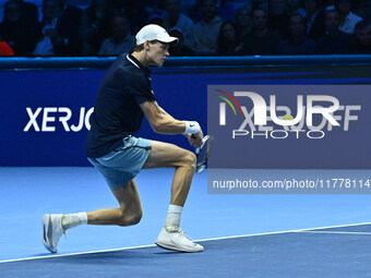 Jannik Sinner (ITA) competes against Daniil Medvedev (RUS) during day five of the Nitto ATP Finals 2024 at Inalpi Arena in Turin, Italy, on...