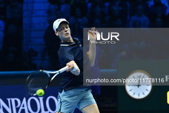 Jannik Sinner (ITA) competes against Daniil Medvedev (RUS) during day five of the Nitto ATP Finals 2024 at Inalpi Arena in Turin, Italy, on...