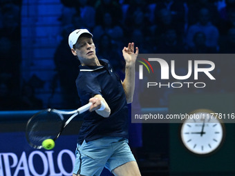 Jannik Sinner (ITA) competes against Daniil Medvedev (RUS) during day five of the Nitto ATP Finals 2024 at Inalpi Arena in Turin, Italy, on...