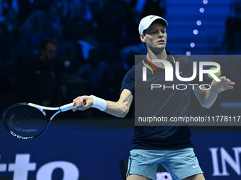 Jannik Sinner (ITA) competes against Daniil Medvedev (RUS) during day five of the Nitto ATP Finals 2024 at Inalpi Arena in Turin, Italy, on...