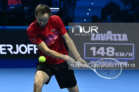 Daniil Medvedev (RUS) competes against Jannik Sinner (ITA) during day five of the Nitto ATP Finals 2024 at Inalpi Arena in Turin, Italy, on...