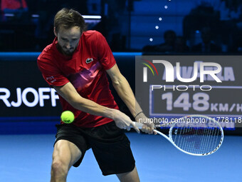 Daniil Medvedev (RUS) competes against Jannik Sinner (ITA) during day five of the Nitto ATP Finals 2024 at Inalpi Arena in Turin, Italy, on...