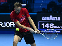 Daniil Medvedev (RUS) competes against Jannik Sinner (ITA) during day five of the Nitto ATP Finals 2024 at Inalpi Arena in Turin, Italy, on...