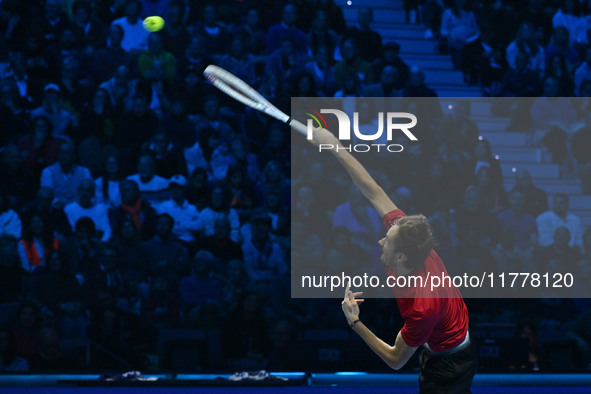 Daniil Medvedev (RUS) competes against Jannik Sinner (ITA) during day five of the Nitto ATP Finals 2024 at Inalpi Arena in Turin, Italy, on...