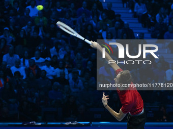 Daniil Medvedev (RUS) competes against Jannik Sinner (ITA) during day five of the Nitto ATP Finals 2024 at Inalpi Arena in Turin, Italy, on...