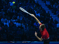 Daniil Medvedev (RUS) competes against Jannik Sinner (ITA) during day five of the Nitto ATP Finals 2024 at Inalpi Arena in Turin, Italy, on...