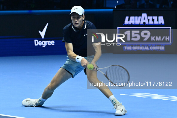 Jannik Sinner (ITA) competes against Daniil Medvedev (RUS) during day five of the Nitto ATP Finals 2024 at Inalpi Arena in Turin, Italy, on...