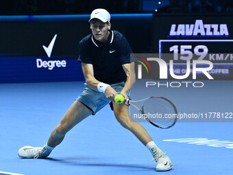 Jannik Sinner (ITA) competes against Daniil Medvedev (RUS) during day five of the Nitto ATP Finals 2024 at Inalpi Arena in Turin, Italy, on...