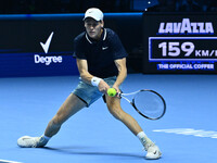 Jannik Sinner (ITA) competes against Daniil Medvedev (RUS) during day five of the Nitto ATP Finals 2024 at Inalpi Arena in Turin, Italy, on...