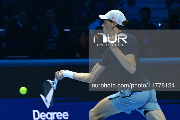 Jannik Sinner (ITA) competes against Daniil Medvedev (RUS) during day five of the Nitto ATP Finals 2024 at Inalpi Arena in Turin, Italy, on...