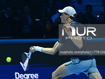 Jannik Sinner (ITA) competes against Daniil Medvedev (RUS) during day five of the Nitto ATP Finals 2024 at Inalpi Arena in Turin, Italy, on...