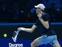 Jannik Sinner (ITA) competes against Daniil Medvedev (RUS) during day five of the Nitto ATP Finals 2024 at Inalpi Arena in Turin, Italy, on...