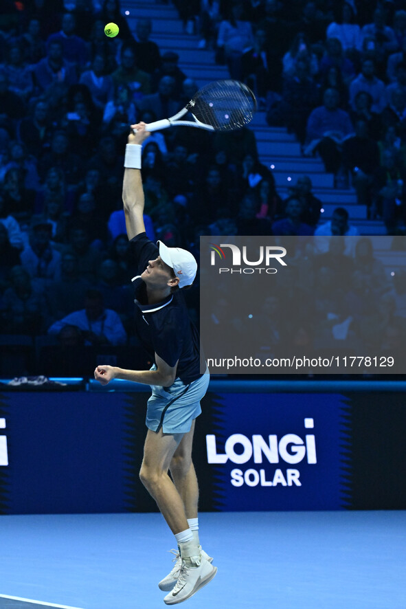 Jannik Sinner (ITA) competes against Daniil Medvedev (RUS) during day five of the Nitto ATP Finals 2024 at Inalpi Arena in Turin, Italy, on...