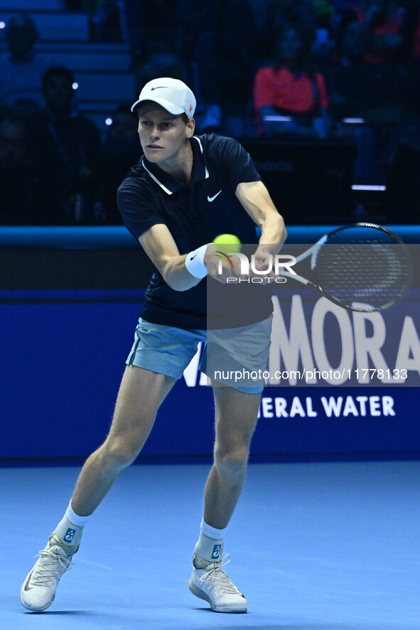 Jannik Sinner (ITA) competes against Daniil Medvedev (RUS) during day five of the Nitto ATP Finals 2024 at Inalpi Arena in Turin, Italy, on...