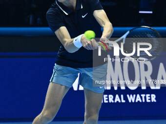 Jannik Sinner (ITA) competes against Daniil Medvedev (RUS) during day five of the Nitto ATP Finals 2024 at Inalpi Arena in Turin, Italy, on...