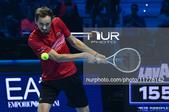 Daniil Medvedev (RUS) competes against Jannik Sinner (ITA) during day five of the Nitto ATP Finals 2024 at Inalpi Arena in Turin, Italy, on...