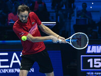 Daniil Medvedev (RUS) competes against Jannik Sinner (ITA) during day five of the Nitto ATP Finals 2024 at Inalpi Arena in Turin, Italy, on...