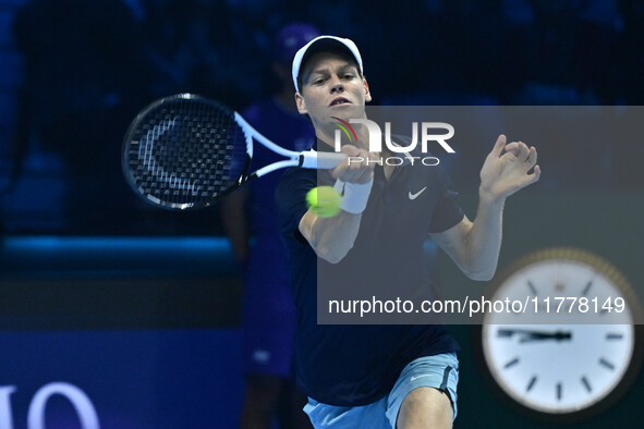 Jannik Sinner (ITA) competes against Daniil Medvedev (RUS) during day five of the Nitto ATP Finals 2024 at Inalpi Arena in Turin, Italy, on...