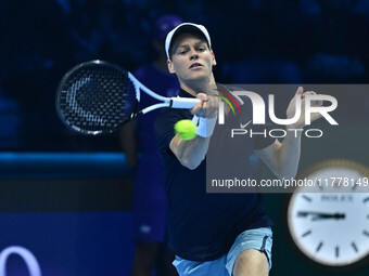 Jannik Sinner (ITA) competes against Daniil Medvedev (RUS) during day five of the Nitto ATP Finals 2024 at Inalpi Arena in Turin, Italy, on...